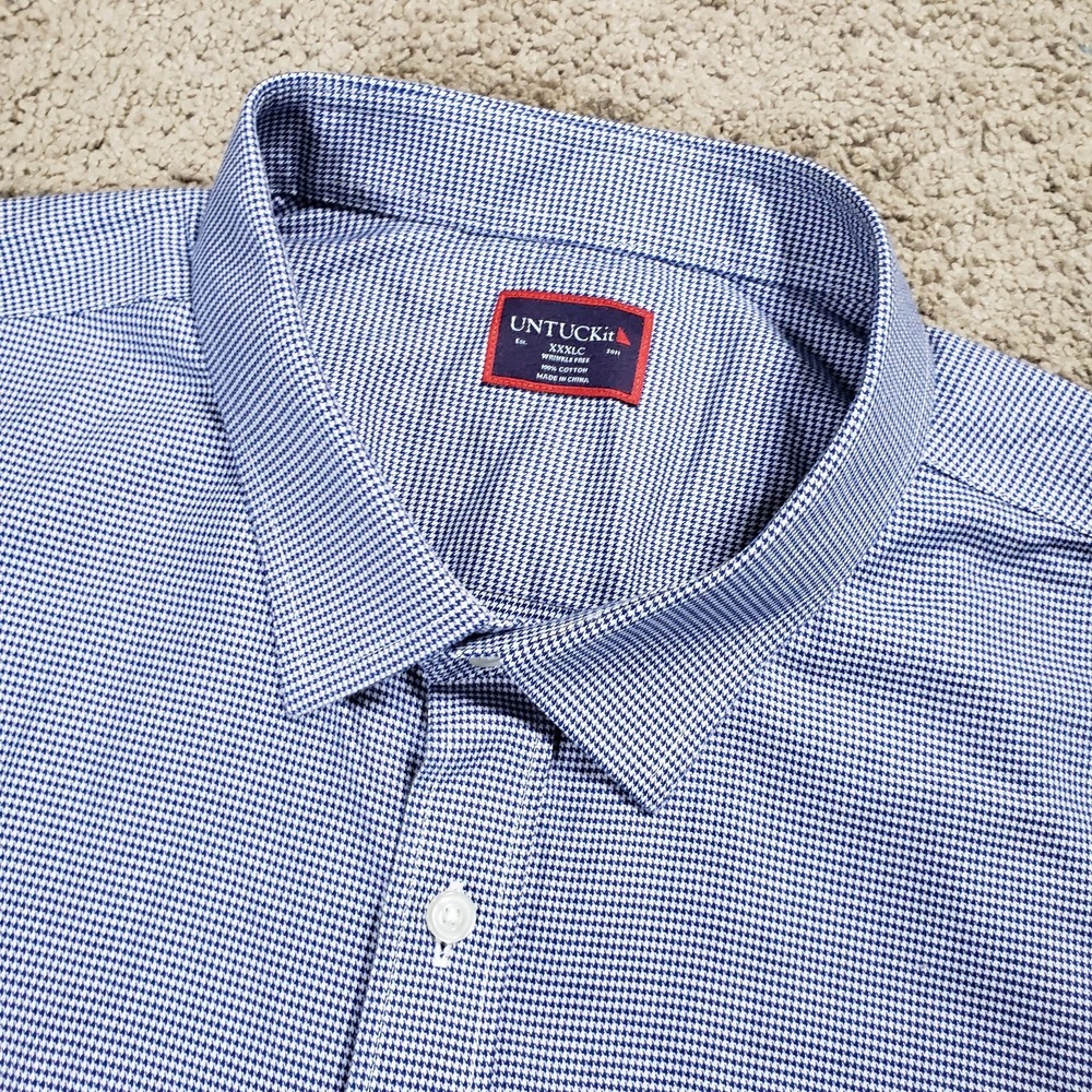 UNTUCKit Shirt Mens XXXLC 3XLT Blue White Houndstooth Long Sleeve Button Up
